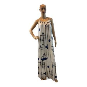 Nina Leonard Dress Sz Large  Maxi White Blue Beach Design Silver Strap Ocean.